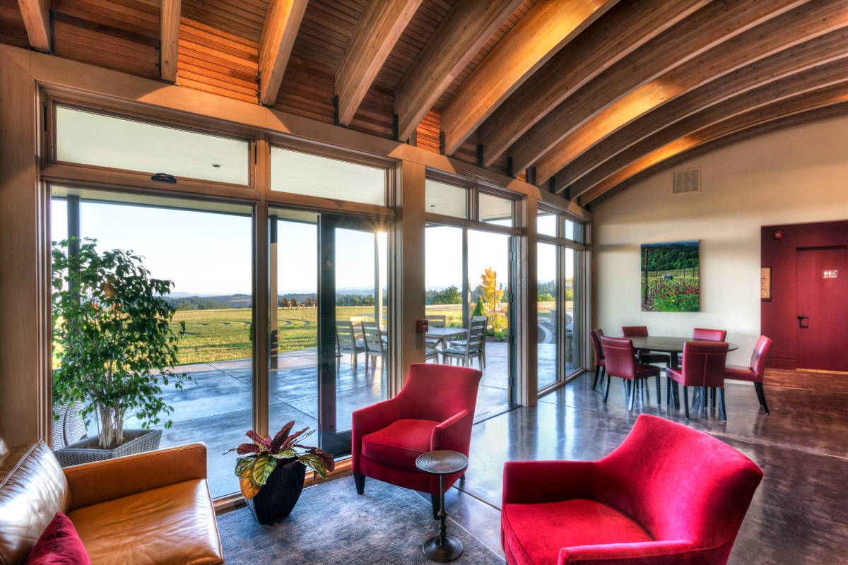 The beauty and comfort of the Fairsing Vineyard tasting room in Yamhill, Oregon