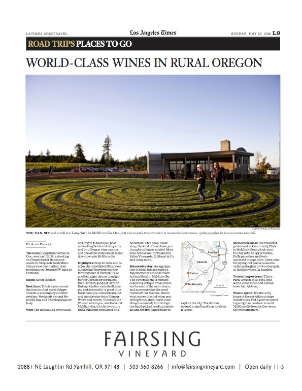 Fairsing Vineyard Featured in Sunday, May 20 Travel Section of Los Angeles Times