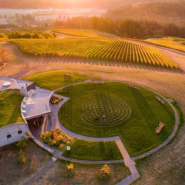 The Fairsing Vineyard Tasting Room and Labyrinth At Sunrise in Oregon's Yamhill-Carlton AVA of the Willamette Valley.