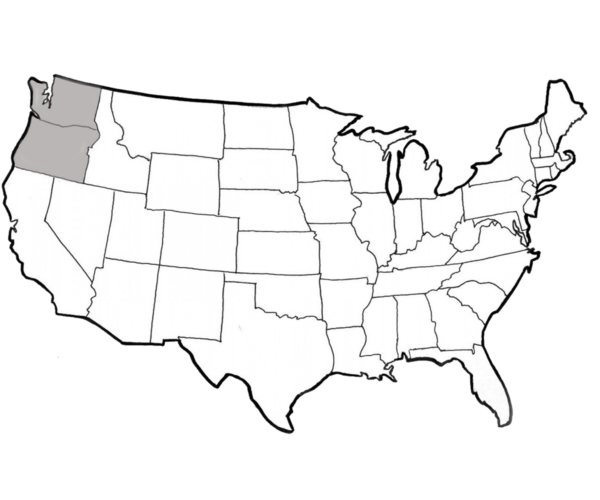 A map of the United States highlighting Oregon and Washington as part of Fairsing Vineyard's spring 2020 Wine Club Allocation schedule