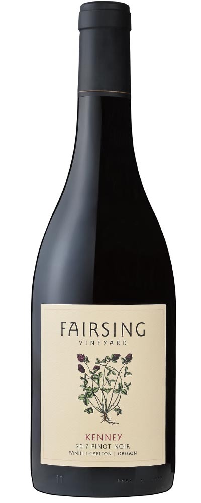 The 2017 Fairsing Vineyard Kenney Pinot Noir with crimson clover on the label is a robust and tawny favorite