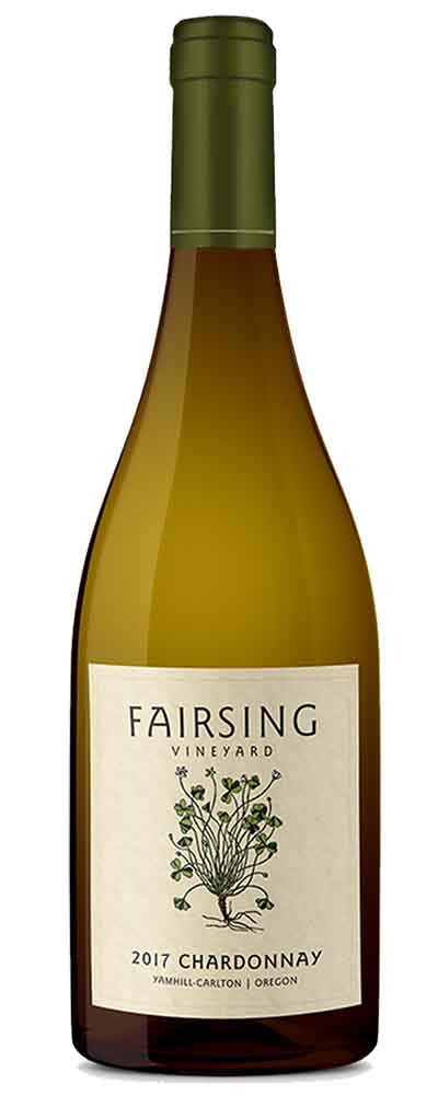 The 2017 Fairsing Vineyard Chardonnay bottle with white shamrock on the label