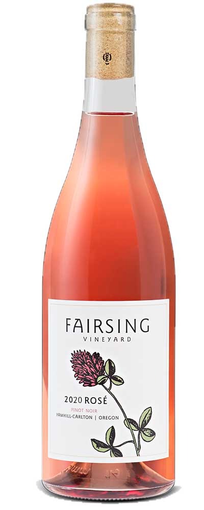 The 2020 Fairsing Vineyard Rosé of Pinot noir with single crimson clover bloom on the label