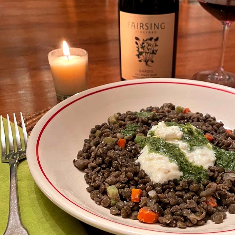 Fairsing Vineyard Burrata Lentil and Basil Vinaigrette