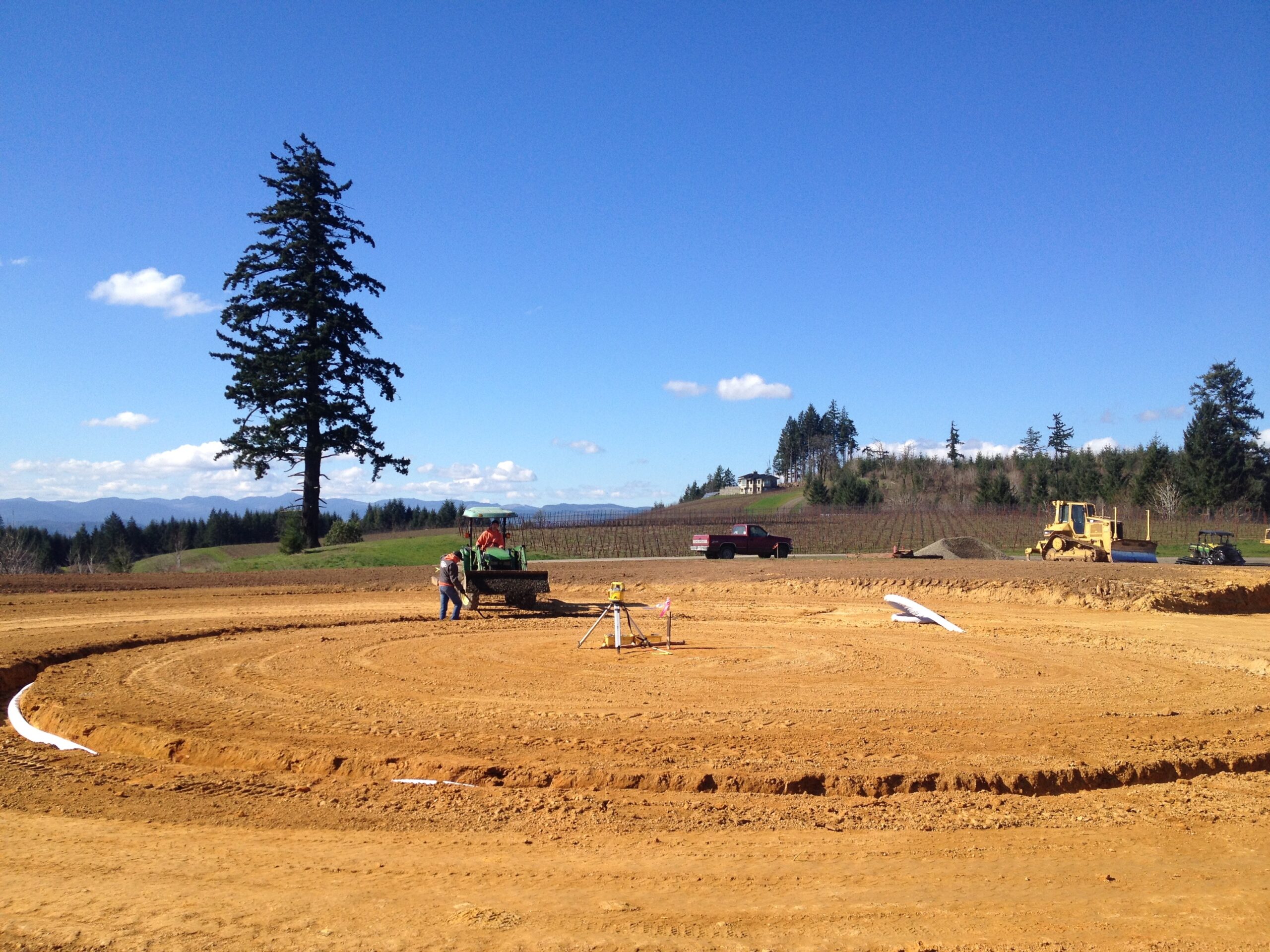 Site preparation and grading at the Fairsing Vineyard tasting room with barrel ceiling and expansive views of the Willamette Valley