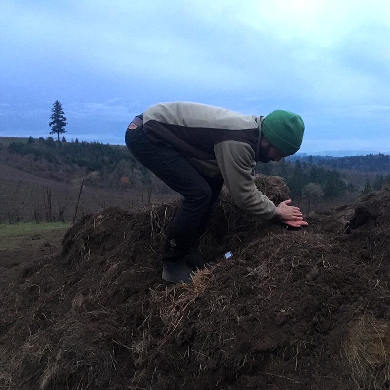 Inoculating the compost at Fairsing Vineyard in Oregon's Willamette Valley