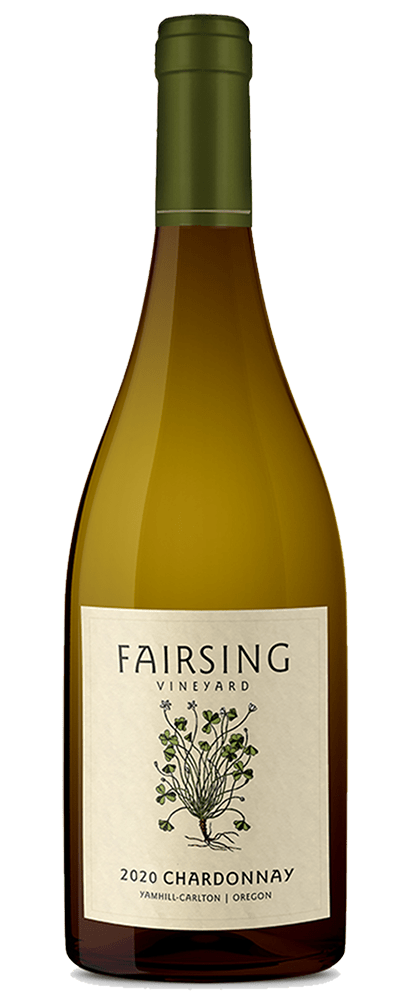 The 2020 Fairsing Vineyard estate Chardonnay with blooming white shamrock on the label