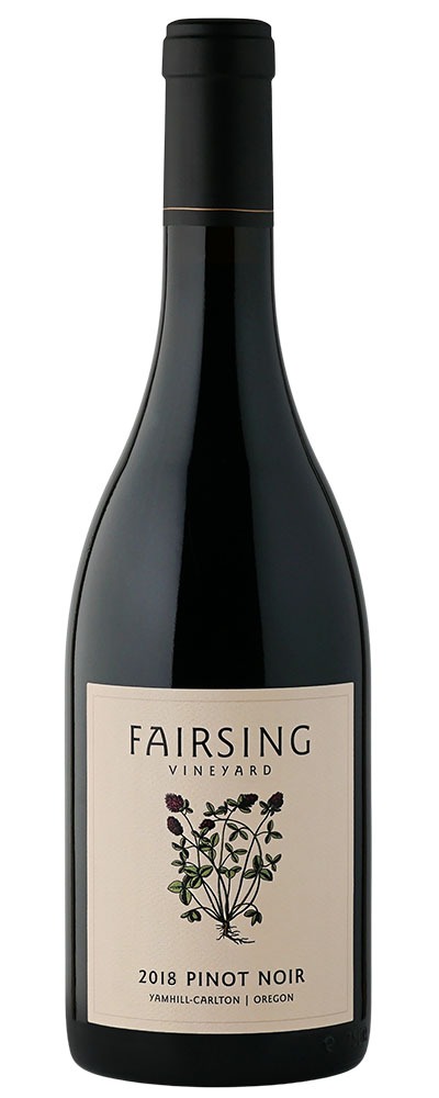 The 2018 Fairsing Vineyard Pinot noir with blooming crimson clover on the label
