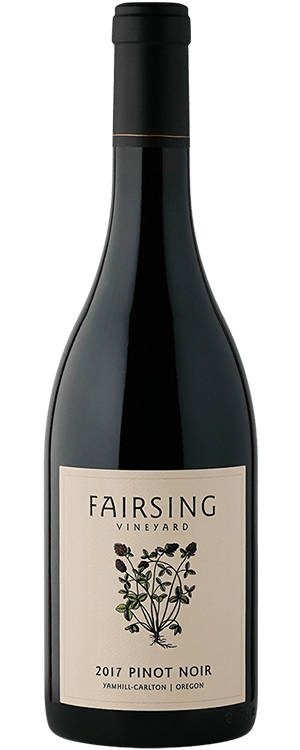 The 2017 Fairsing Vineyard Pinot noir with crimson clover on the label