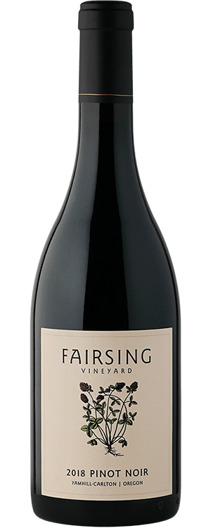 The 2018 Fairsing Vineyard Pinot Noir from Oregon's Willamette Valley with blooming crimson clover on the label