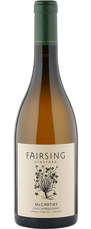 The 2019 McCarthy Chardonnay with white clover or shamrock on the label crafted by Fairsing Vineyard in Oregon's Willamette Valley