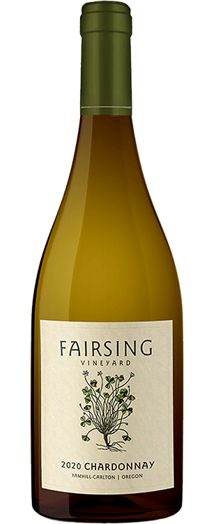 The 2020 Fairsing Vineyard Chardonnay with white clover or shamrock on the label
