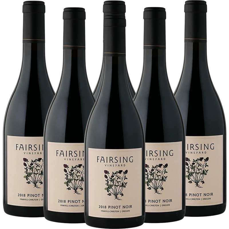 Six bottles of the 2018 Fairsing Vineyard Pinot noir with crimson clover on the cream parchment label and black capsule with gold ring