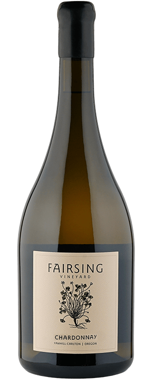 The 2017 Fairsing Vineyard estate Chardonnay with white shamrock or clover on the wine bottle label
