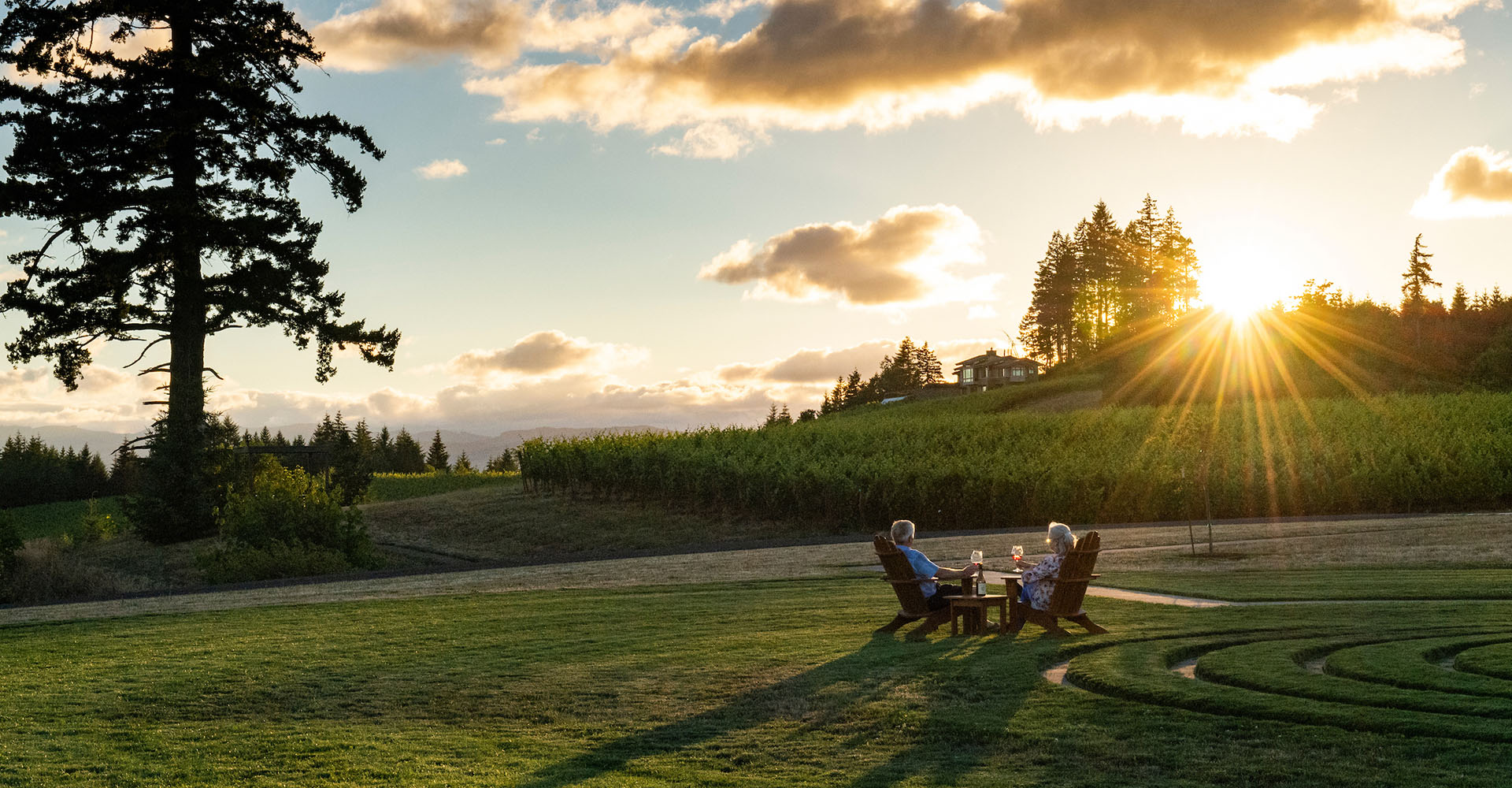 Two guests seated in Adirondack chairs with wine glasses on the green lawn watching the sunset at Fairsing Vineyard in Oregon's Willamette Valley