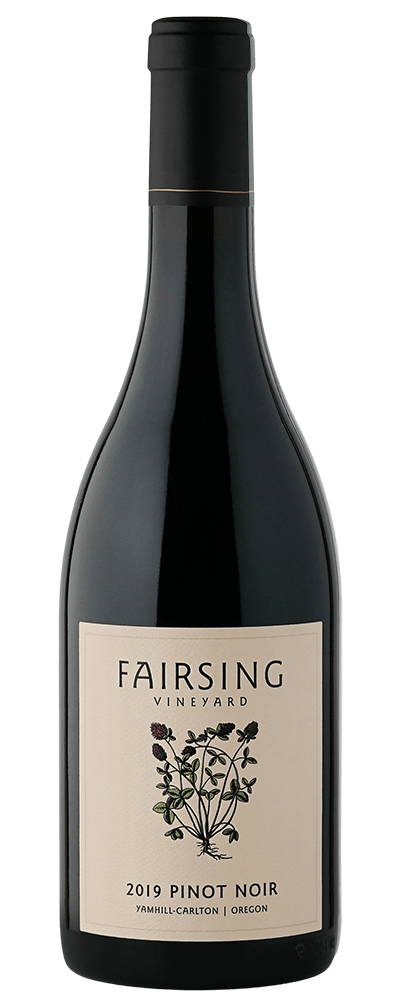 The 2019 Fairsing Vineyard Pinot noir with blooming crimson clover on the label