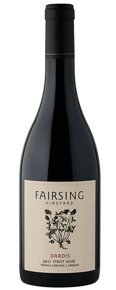 Fairsing Vineyard's 2017 Dardis Pinot noir with blooming crimson clover on the label