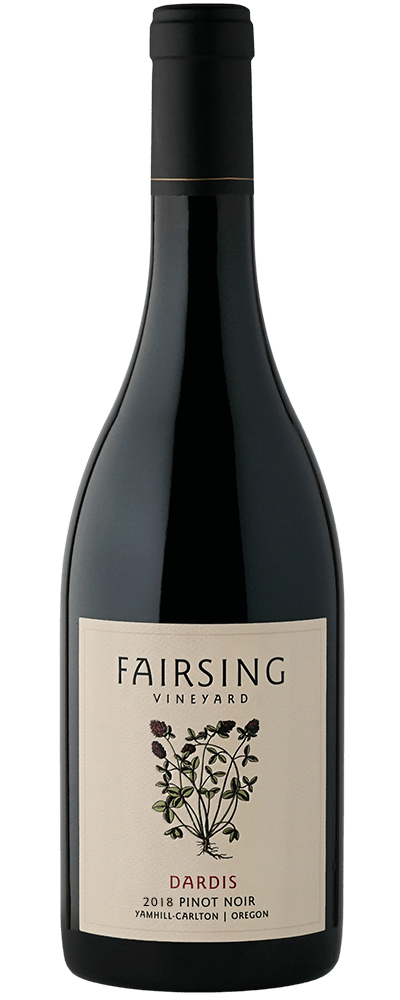 The Fairsing Vineyard 2018 Dardis Pinot noir with crimson clover on the label