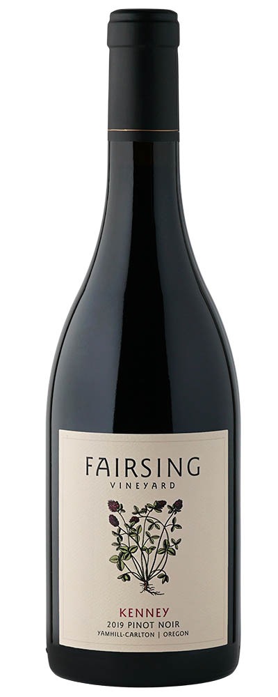 The 2019 barrel select Fairsing Vineyard Kenney Pinot noir with blooming crimson clover on the label