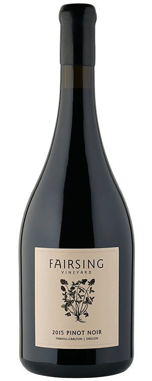 The 2015 Fairsing Vineyard Pinot Noir magnum bottle with crimson clover on the label
