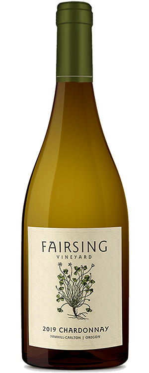 The 2019 Fairsing Vineyard Chardonnay bottle with white shamrock on the label