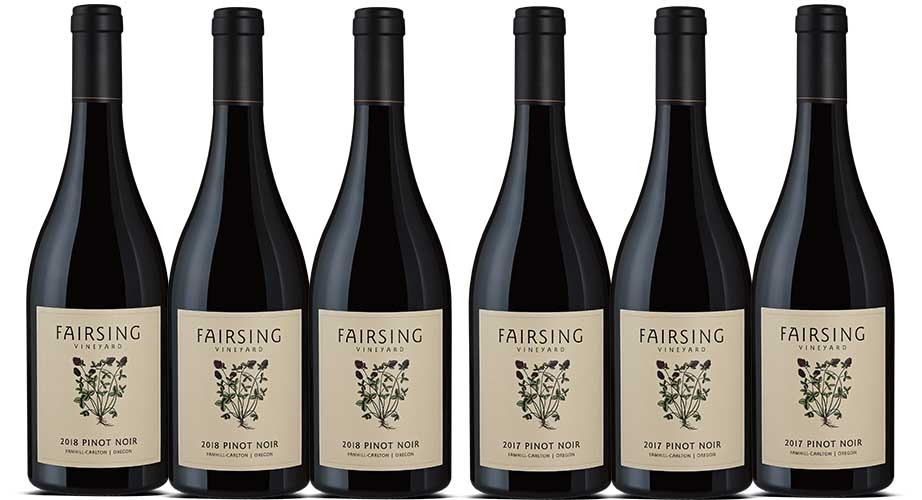 Three bottles of each of the flagship 2017 and 2018 Fairsing Vineyard Pinot noir make up the Cellar-bration Six collection