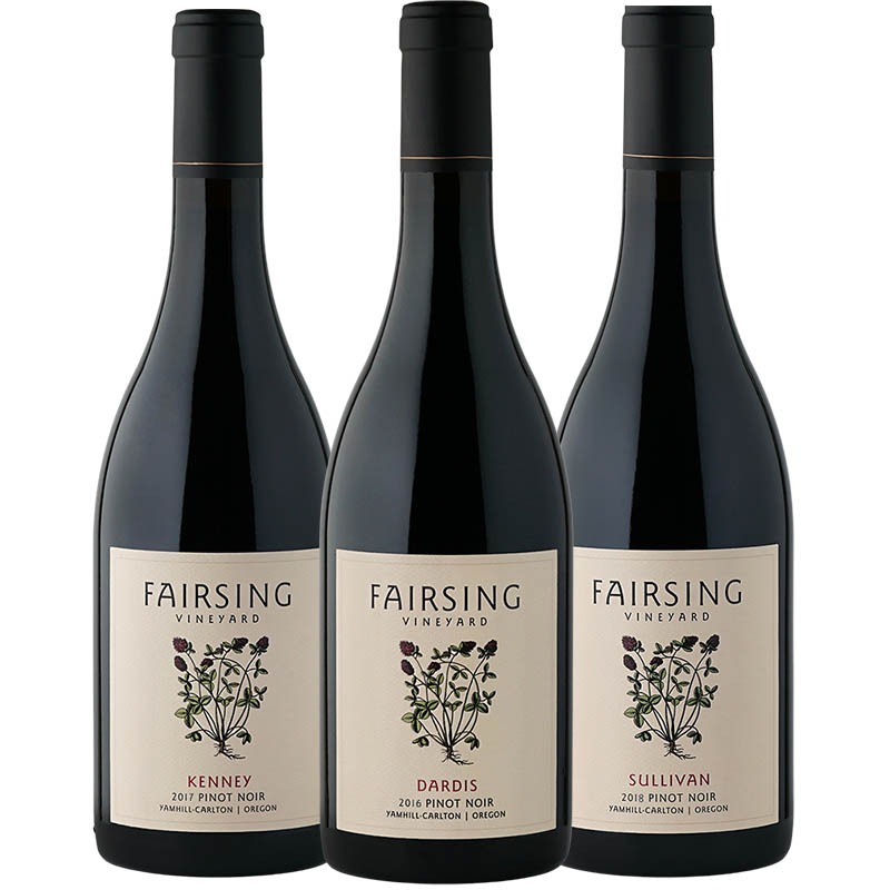 Three bottles from Fairsing Vineyard's Matriarch Series with crimson clover on the label