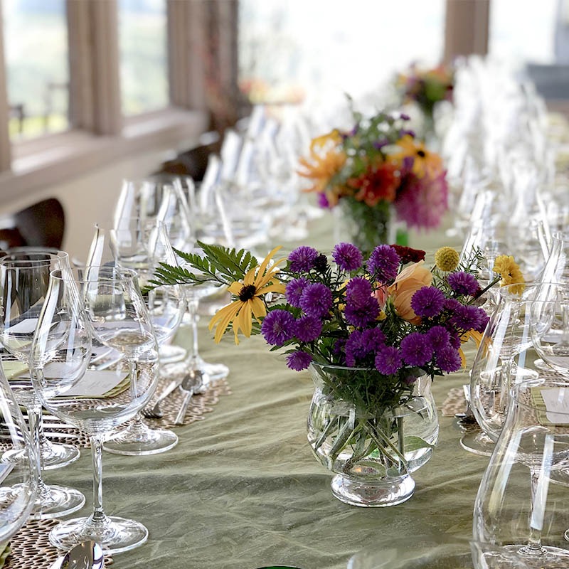 Stemware on a reserved table in the event venue at Fairsing Vineyard in Oregon's Willamette Valley