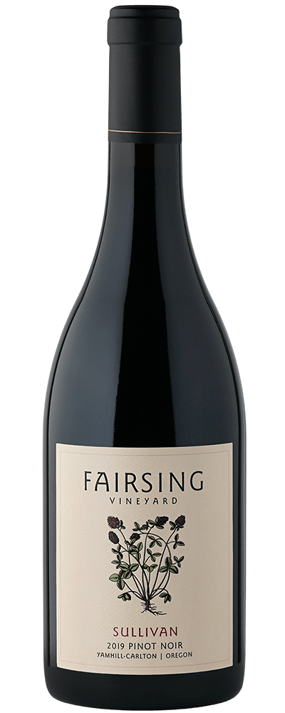 The 2019 Fairsing Vineyard Sullivan Pinot noir with crimson clover on the label