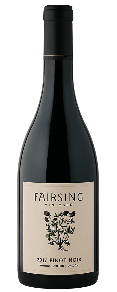 The 2018 Fairsing Vineyard Pinot noir with blooming crimson clover on the label