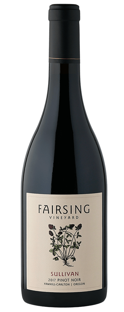 The Fairsing Vineyard 2017 Sullivan Pinot noir with blooming crimson clover on the label