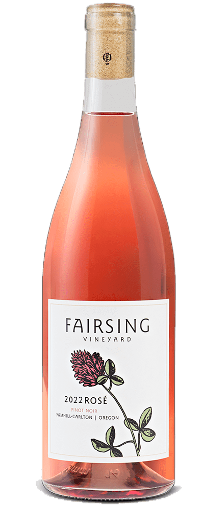 The 2022 Fairsing Vineyard Rosé of Pinot noir with crimson clover on the label