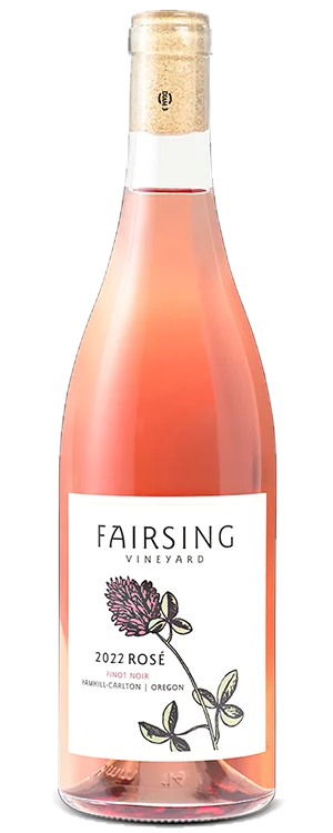 The Fairsing Vineyard 2022 Rosé of Pinot Noir from Oregon's Willamette Valley with single bloom of crimson clover on bottle label