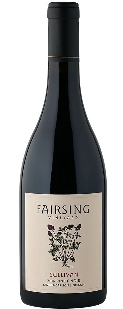 The 2016 Fairsing Vineyard Sullivan Pinot noir with crimson clover on the label