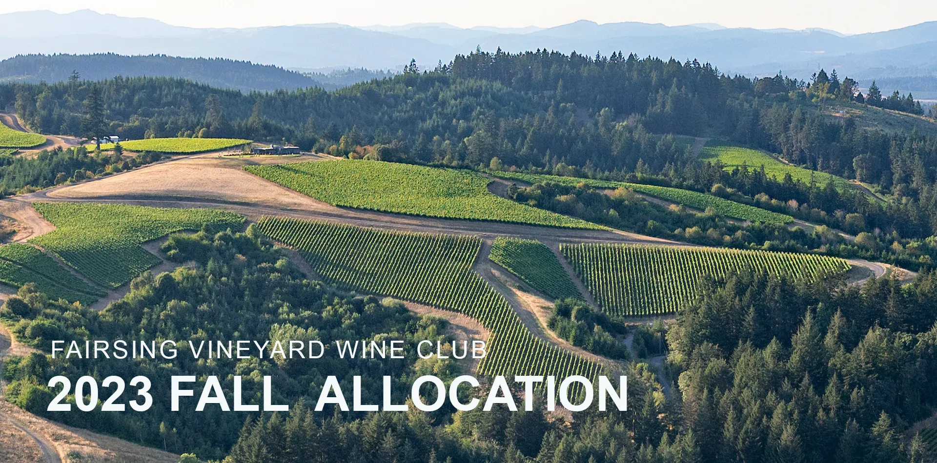 An aerial view of vine blocks on the east side of Fairsing Vineyard in Oregon's Willamette Valley with 2023 Wine Club Allocation details