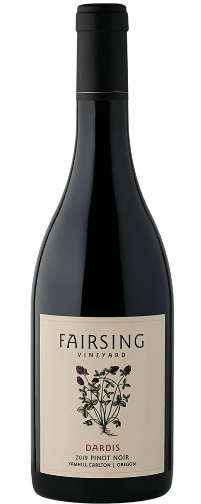 The 2019 Fairsing Vineyard Dardis Pinot noir with blooming crimson clover on the label