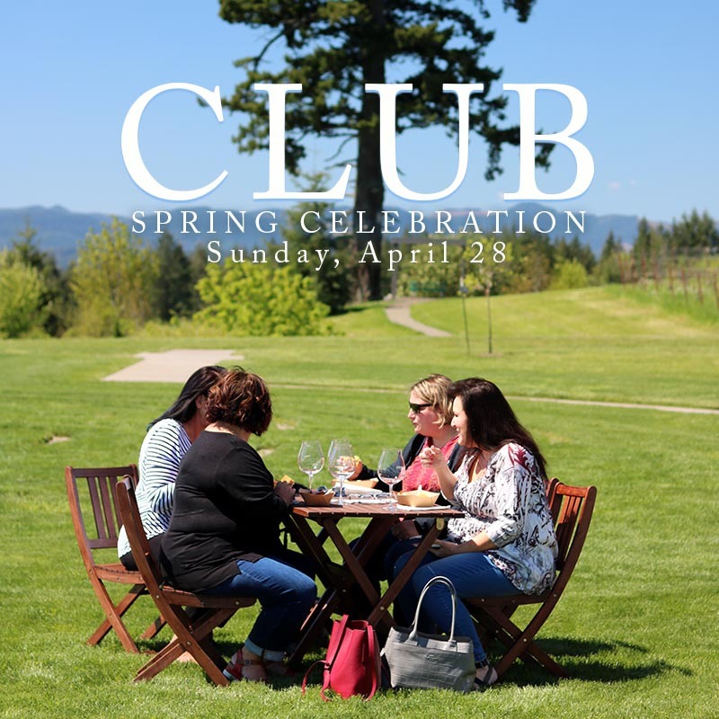 Four Wine Club members enjoy dining on a green lawn beneath blue skies at Fairsing Vineyard in Oregon's Willamette Valley