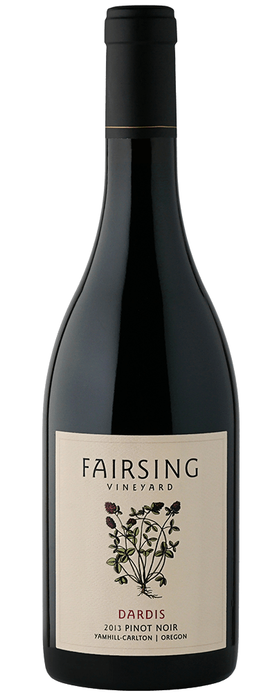 The inaugural 2013 Fairsing Dardis Pinot noir with crimson clover on the label