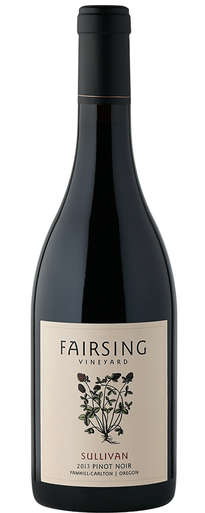 The inaugural 2013 Fairsing Sullivan Pinot noir with crimson clover on the label