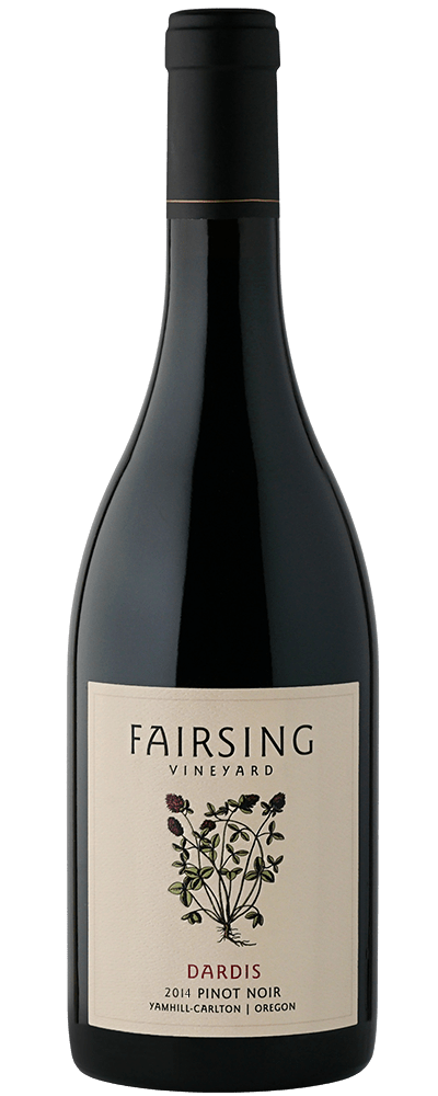 The 2014 Fairsing Vineyard Dardis Pinot noir with crimson clover on the label
