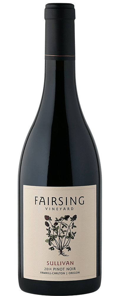 The 2014 Fairsing Vineyard Sullivan Pinot noir with crimson clover on the label