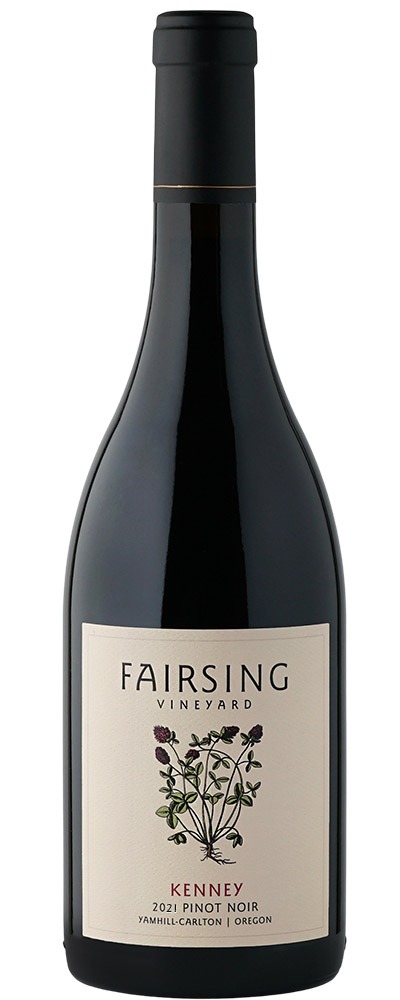The 2021 Fairsing Vineyard Kenney Pinot noir with blooming crimson clover on the front of the bottle. 