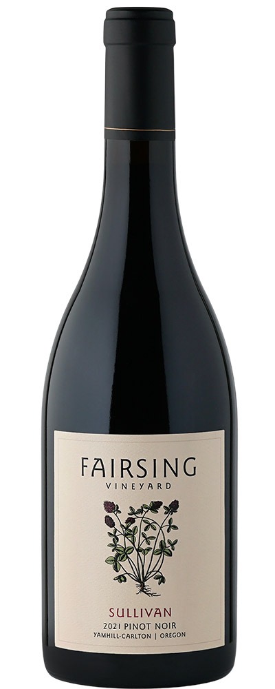 The 2021 Fairsing Vineyard Sullivan Pinot noir with blooming crimson clover on the label