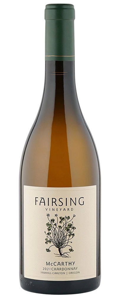 The 2021 Fairsing Vineyard McCarthy Chardonnay with blooming white shamrock on the front label 