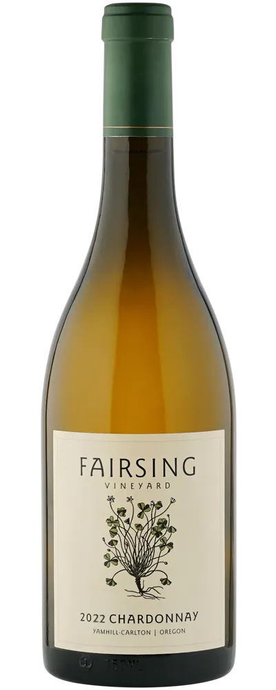 The 2022 Fairsing Vineyard Chardonnay with blooming white clover or shamrock on the label