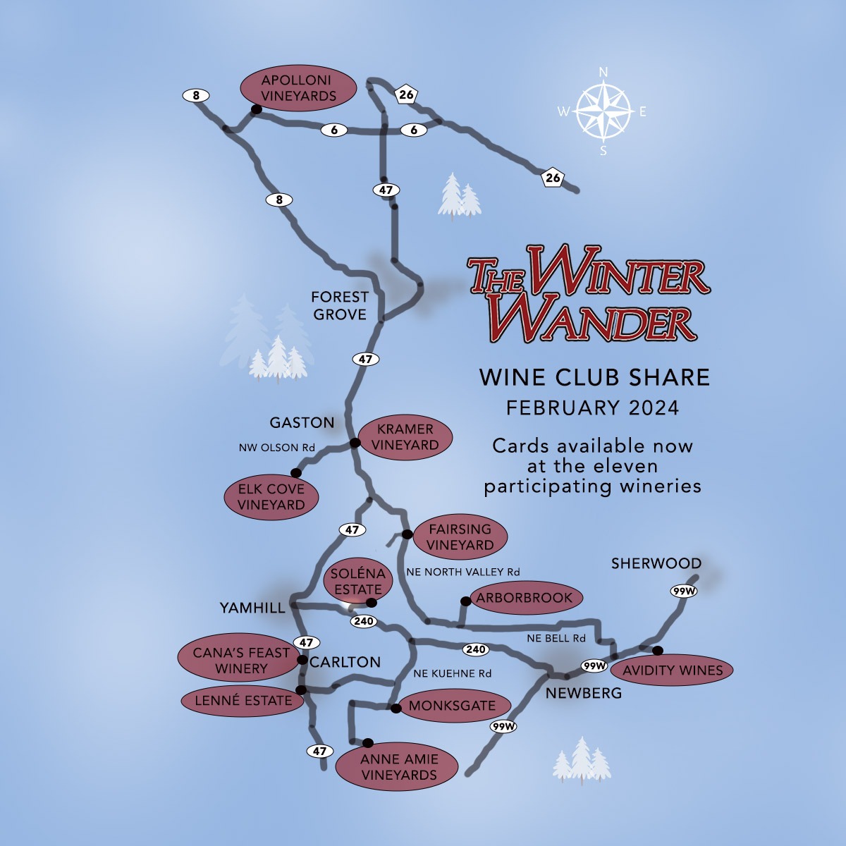 The Winter Wander Wine Club share features 11 wineries sharing select membership benefits during February 2024