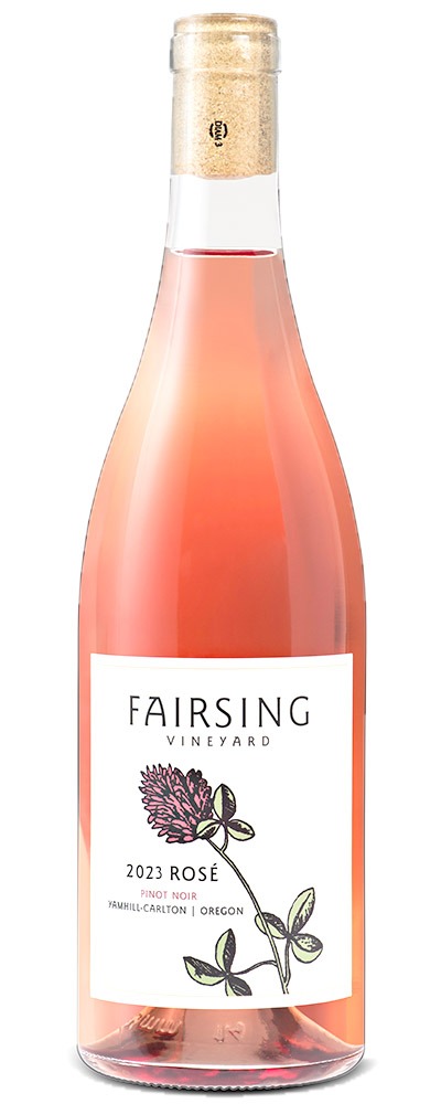The 2023 Fairsing Vineyard Rosé of Pinot noir bottle of wine with white label and bloom of crimson clover