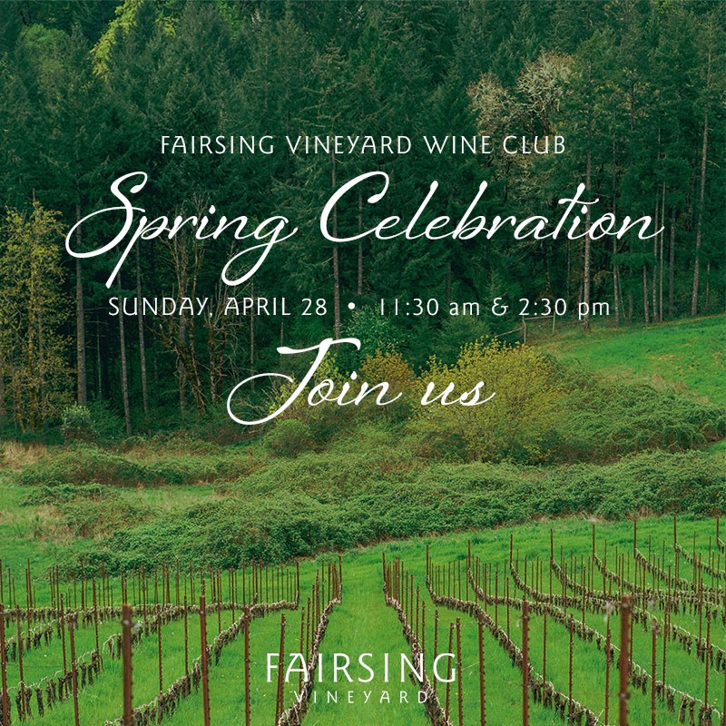 Green grass between vine rows and the verdant hues of the lush forest at Fairsing Vineyard adorn the invitation to the 2024 Wine Club Spring Celebration on Sunday, April 28 