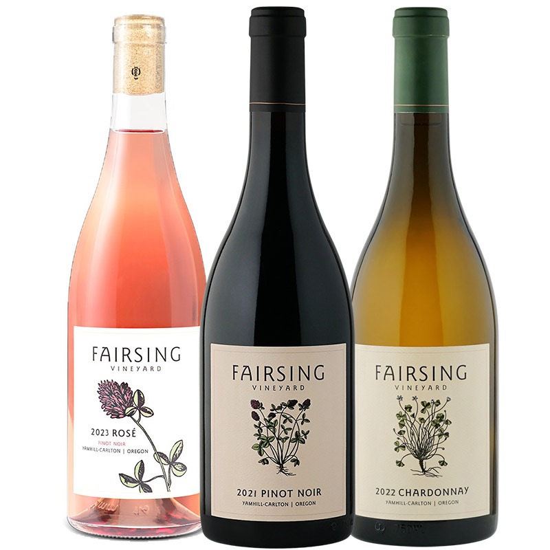 The Fairsing Vineyard Red, White, and Rosé collection with Pinot noir, Chardonnay, and Rosé of Pinot noir