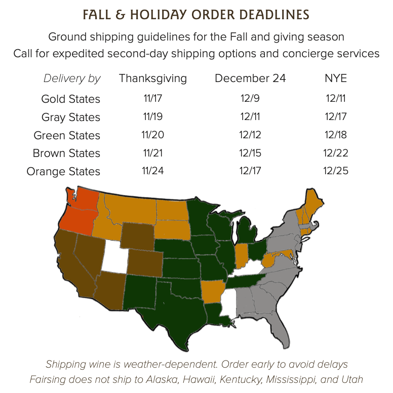 Fairsing Vineyard 2023 Holiday order deadlines for shipping via ground transport or second day service